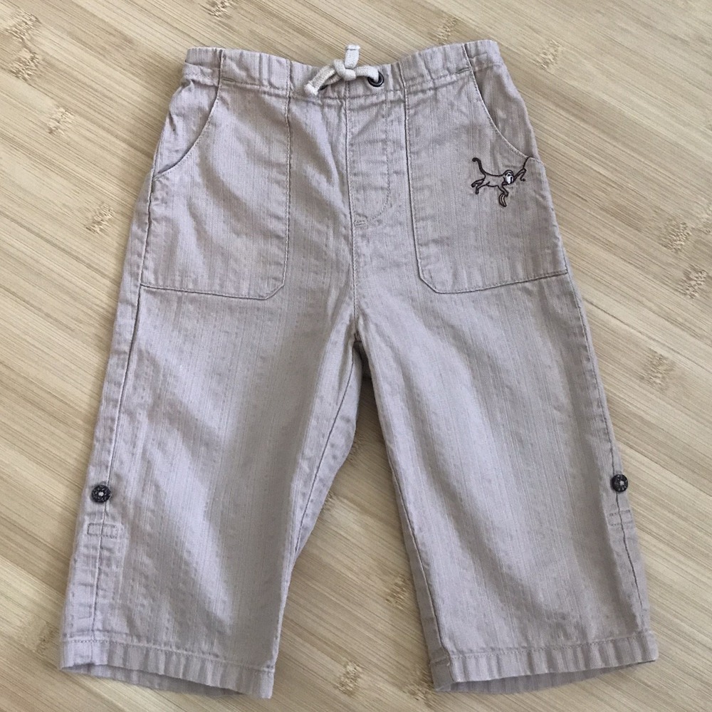 Janie and Jack Khaki Pull On Pants 6-12 Months Roll Tab Cuff Embroidered Monkey - Picture 2 of 16